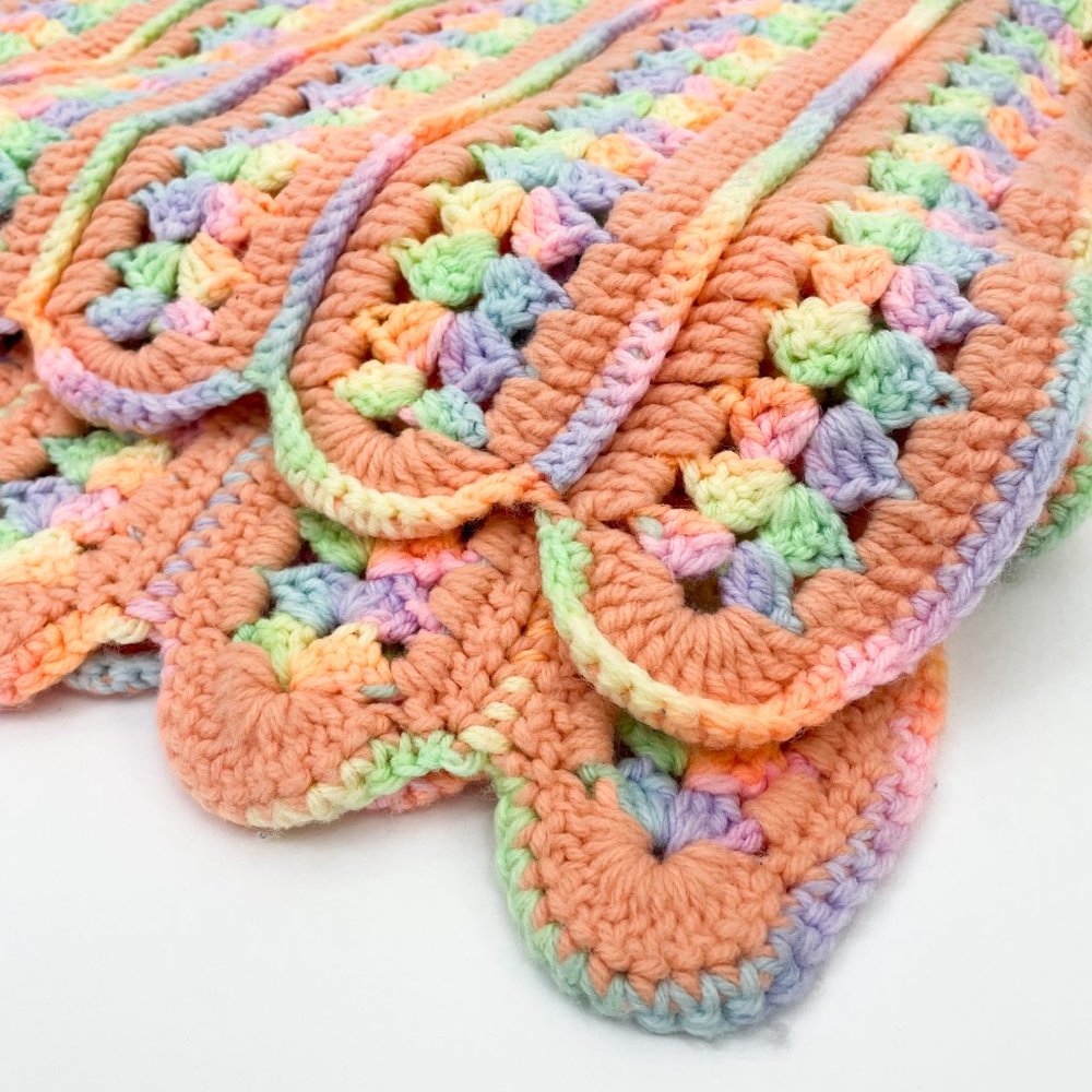 36" x 55" Vintage Crochet Hand Made Scallop Throw Blanket Pastel Rainbow Pride